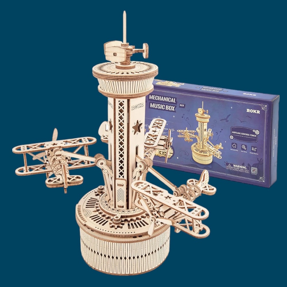 ROKR 3D Wooden Puzzle for Adults Airplane Control Tower Mechanical Music Box NWT